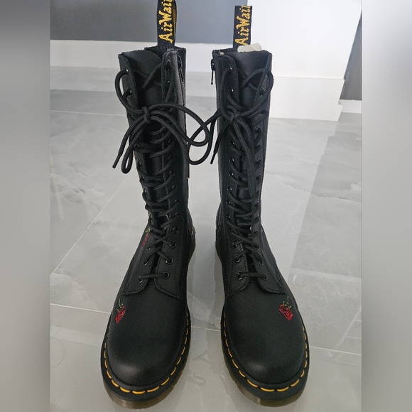 Dr. Martens Black and Red Combat Boots with Floral Embroidery - Picture 3 of 8